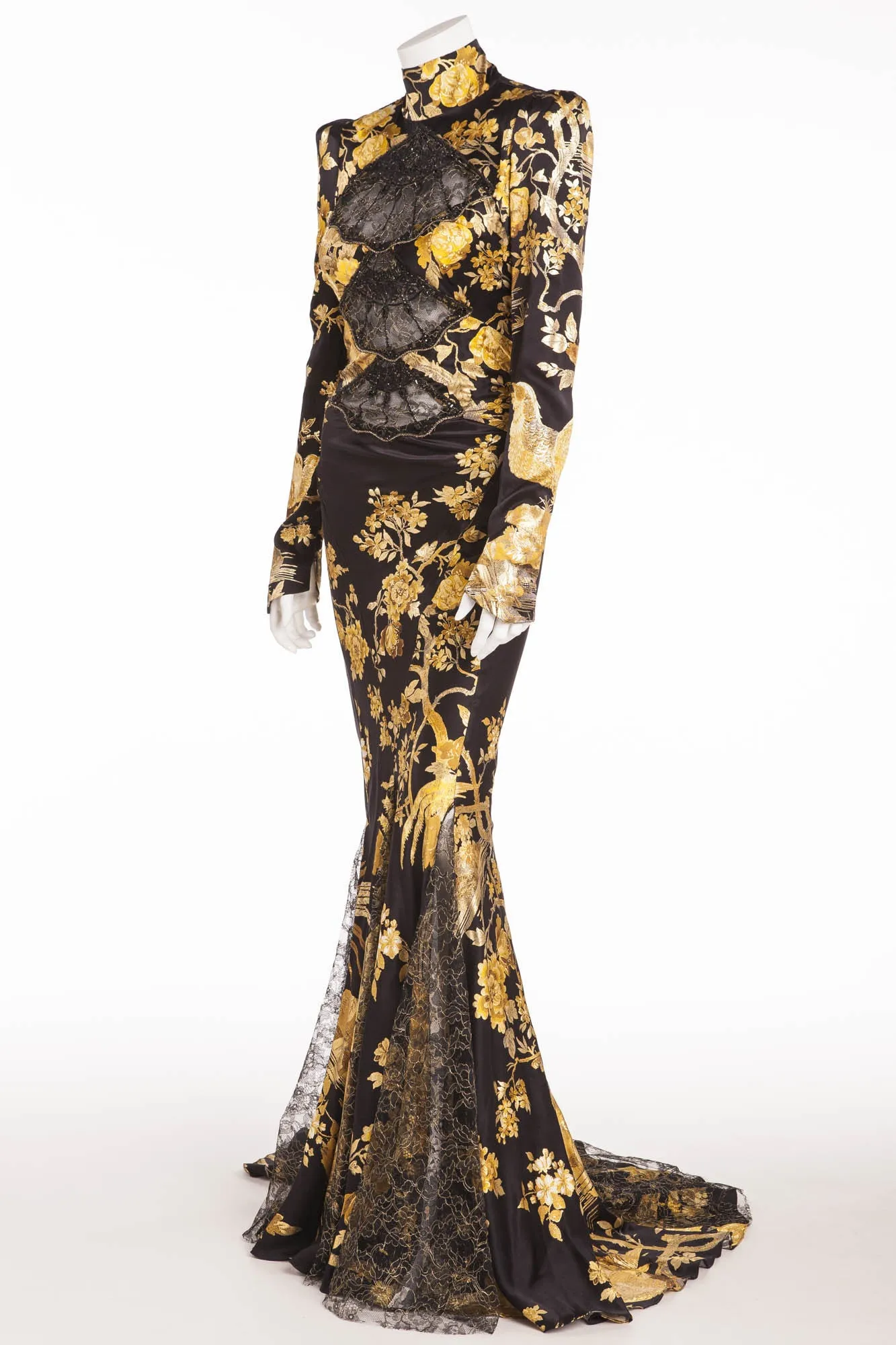 Roberto Cavalli - Editorial, As Seen on Victoria Beckham and Bar Refaeli - Iconic Long Black Dress Oriental Style Gown with Yellow Flowers - IT 40