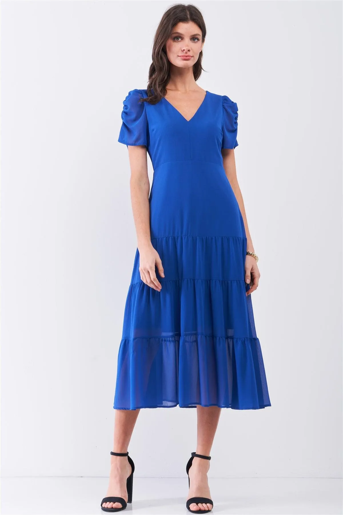 Royal-Blue Short Ruched Sleeve V-Neck Tiered Midi Dress /2-1-3