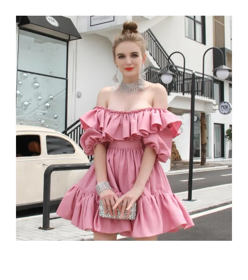 ruffle off shoulder pleated hem lantern sleeve pleated pink dress - Sakia