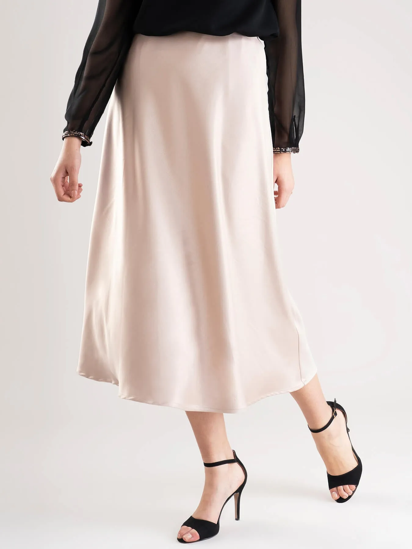 Satin A Line Skirt - Beige