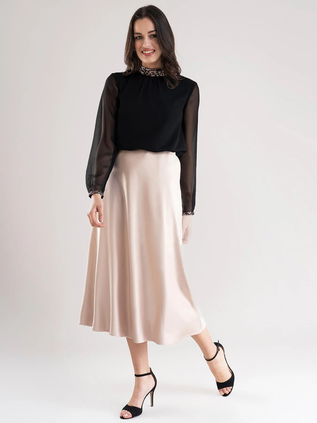 Satin A Line Skirt - Beige