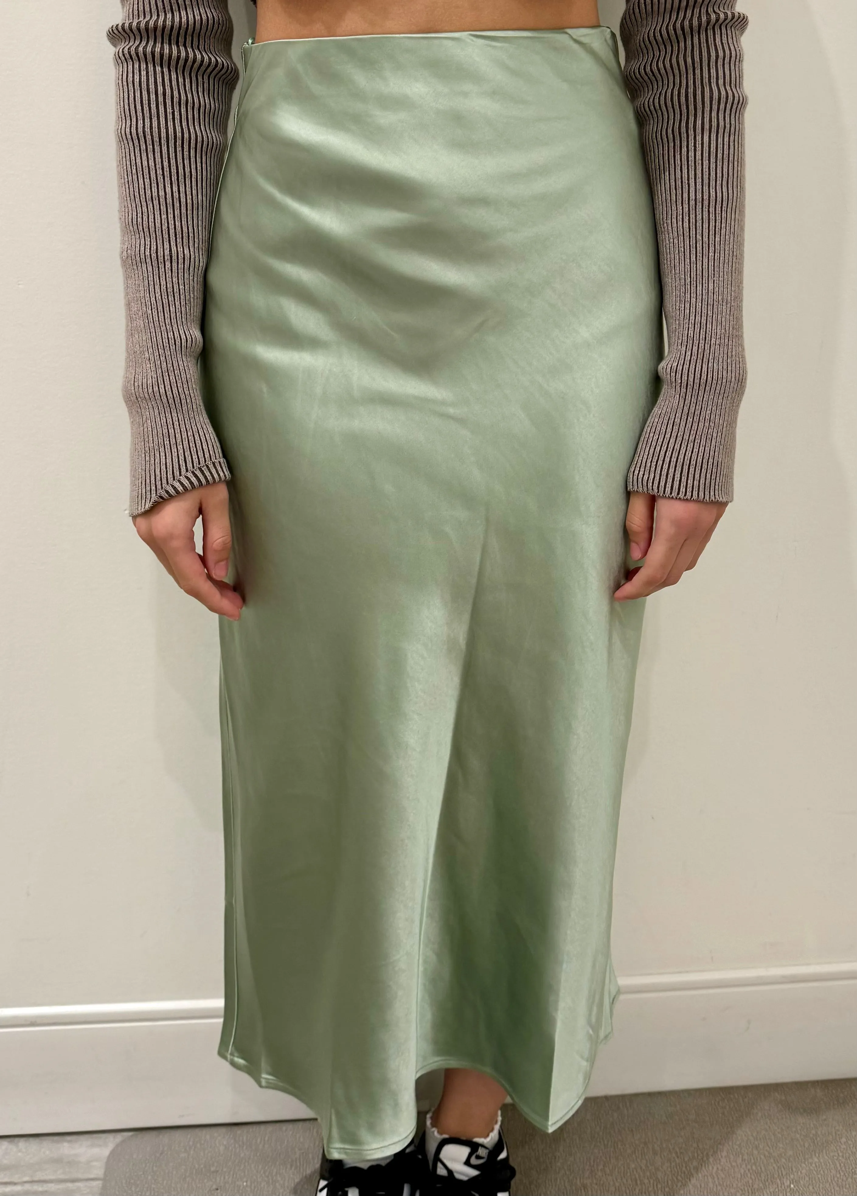 Satin Elastic Waist Midi Skirt, Sage