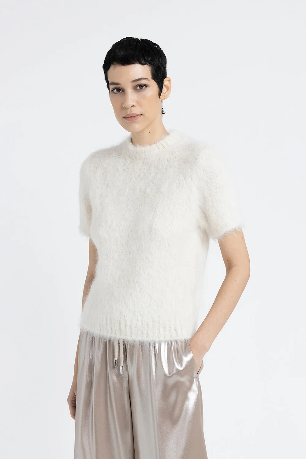 Short-sleeved sweater in alpaca wool and merino yarn