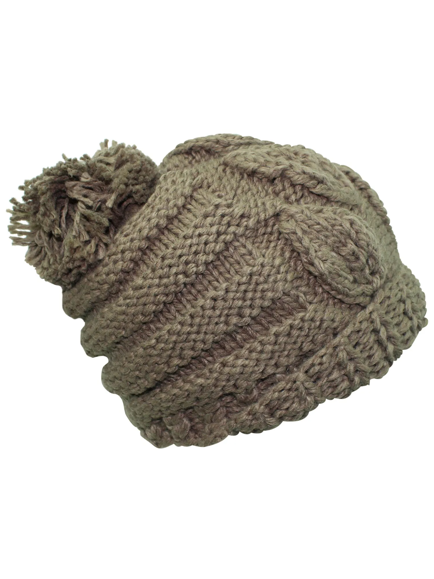 Slouchy Winter Cable Knit Beanie Hat With Pom Pom