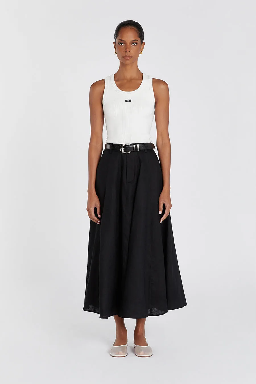 SOFIA BLACK LINEN MIDI SKIRT