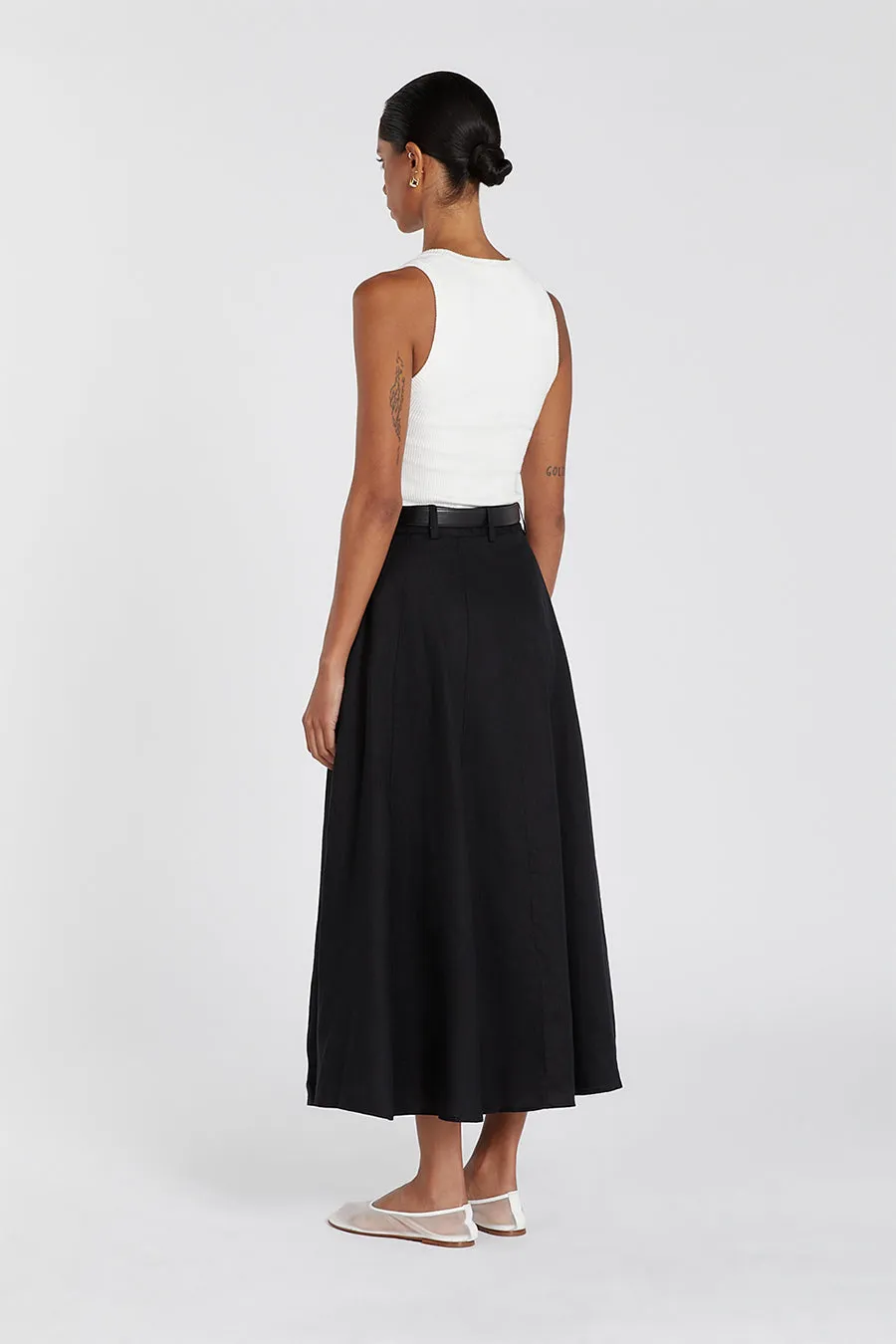 SOFIA BLACK LINEN MIDI SKIRT