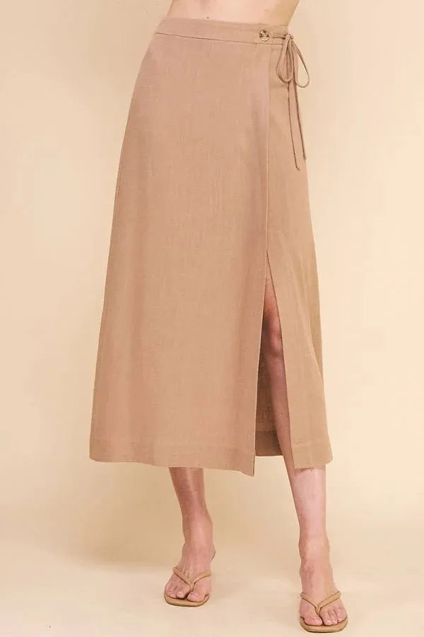 SOFT LINEN SIDE TIE MIDI SKIRT