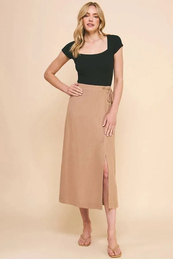 SOFT LINEN SIDE TIE MIDI SKIRT