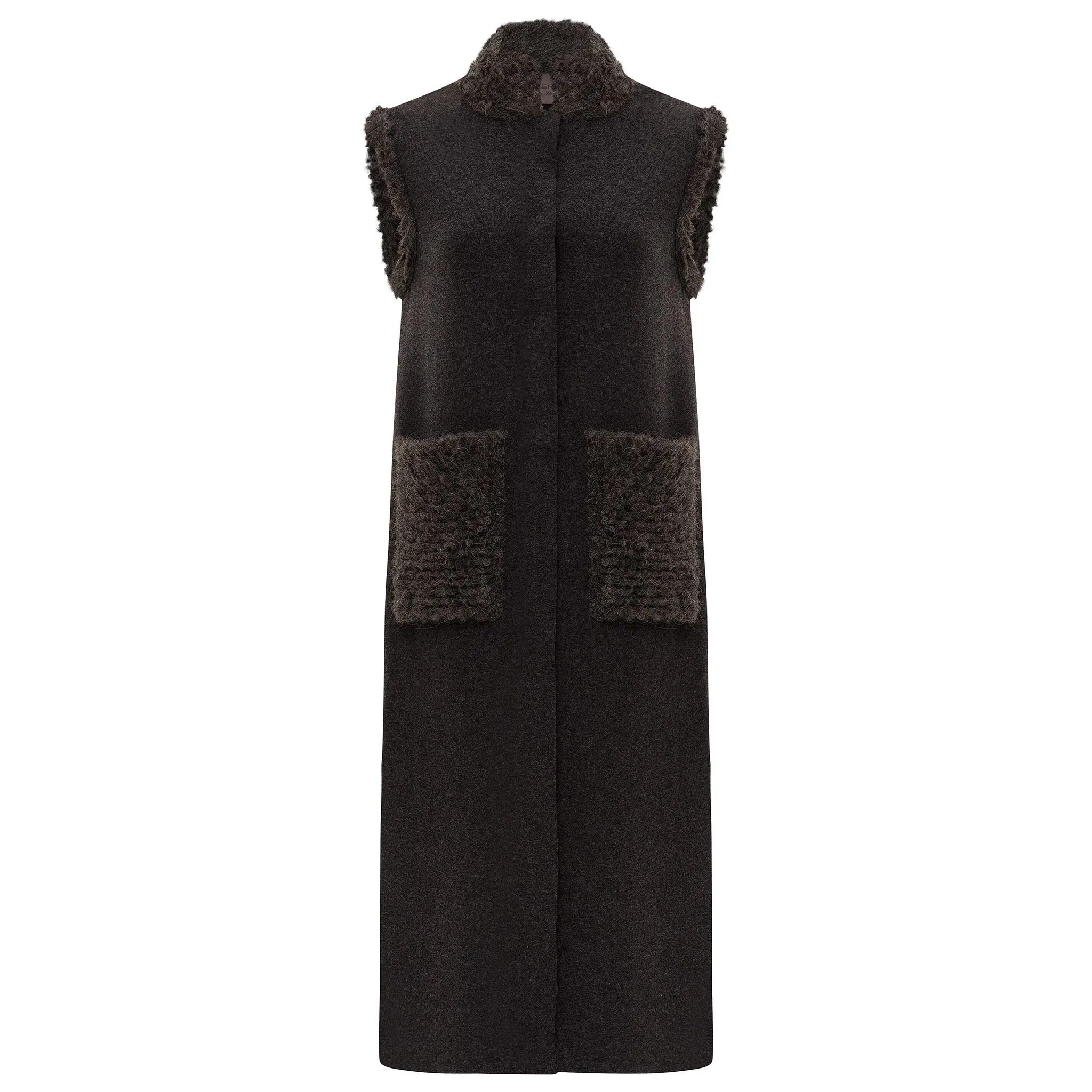 Stand Collar Midi Vest with Pockets - Anthracite