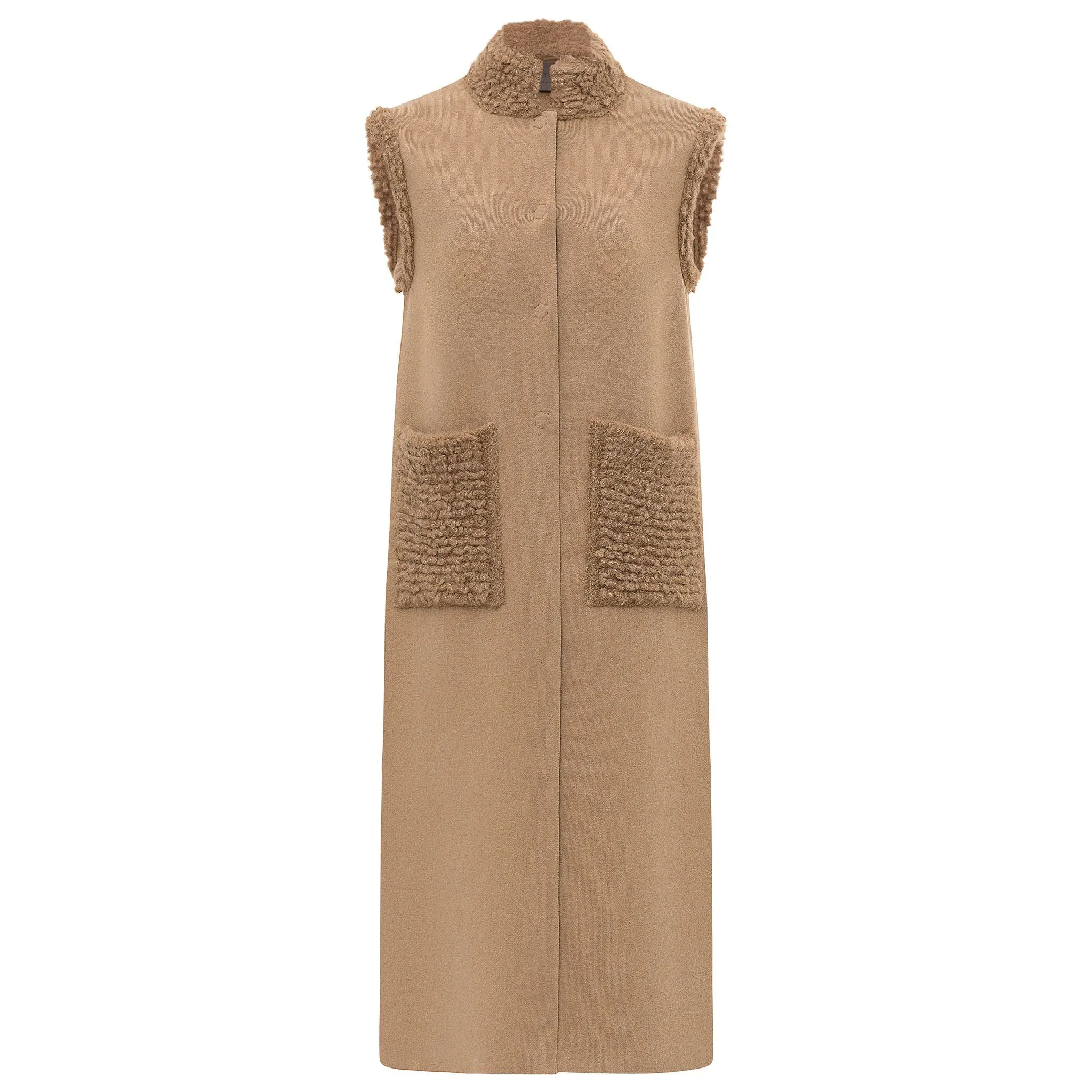 Stand Collar Midi Vest with Pockets - Camel