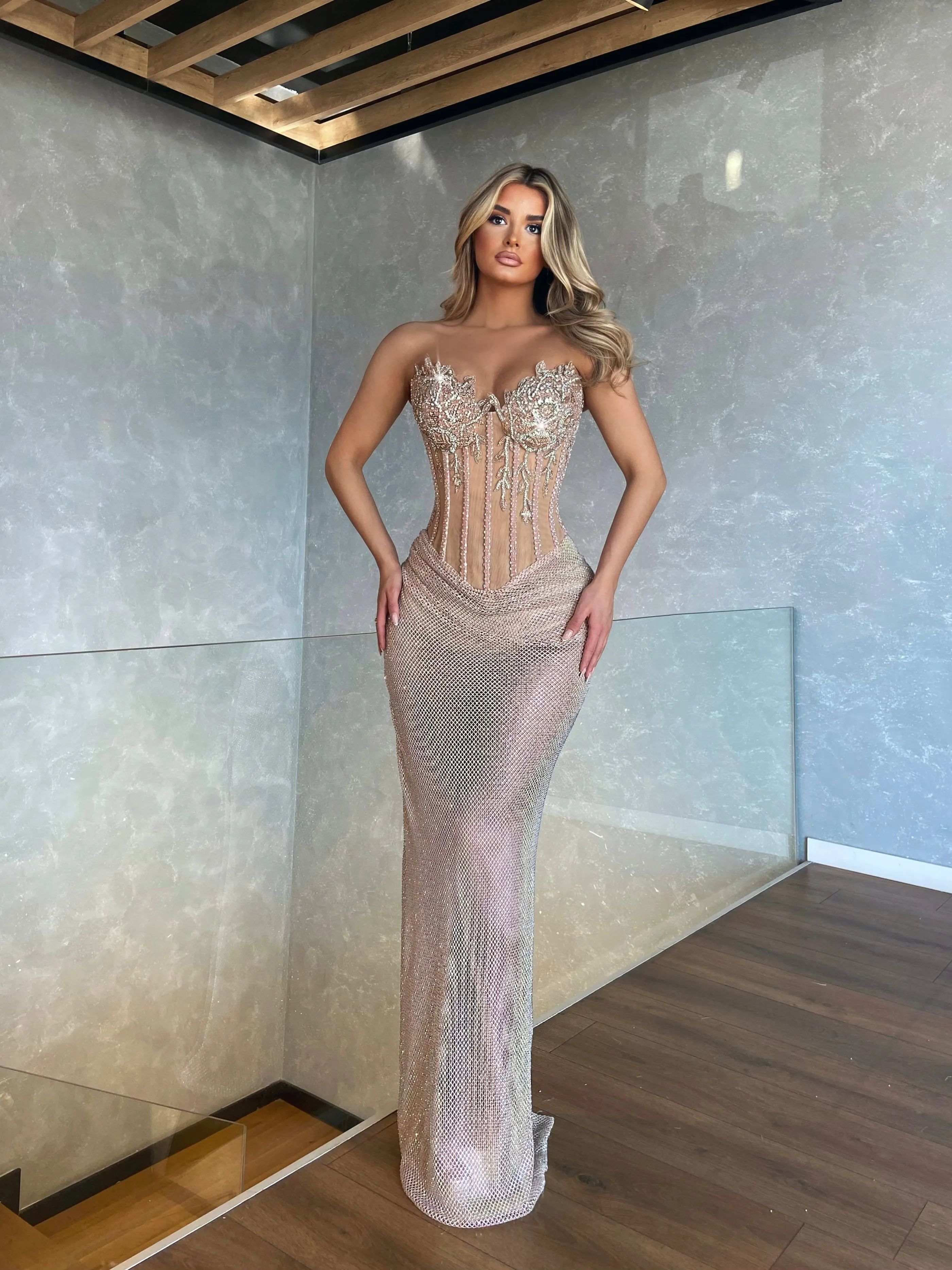 Strapless Rhinestone Embellished Mesh Dress