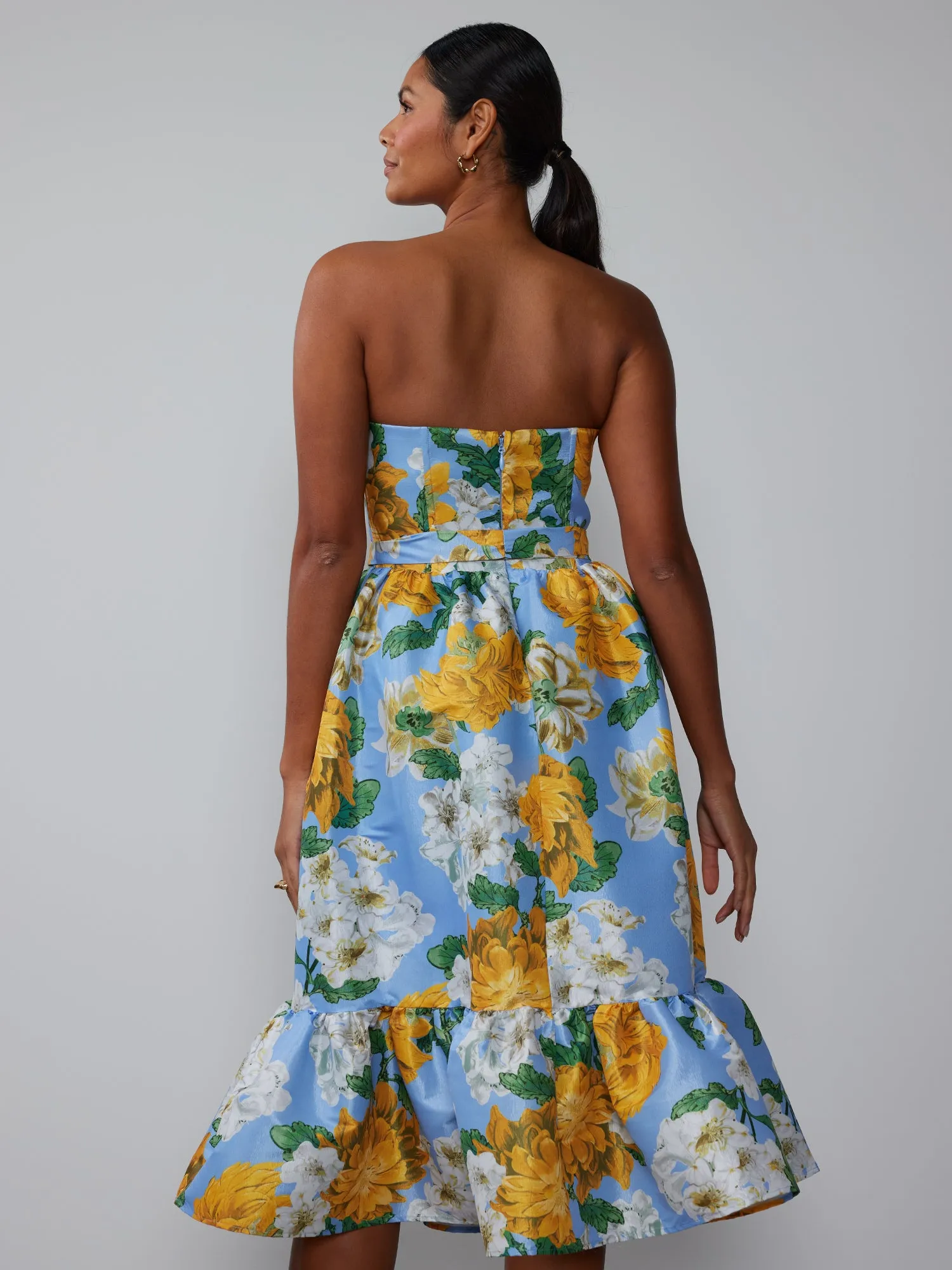 Strapless Tiered Floral Midi Dress