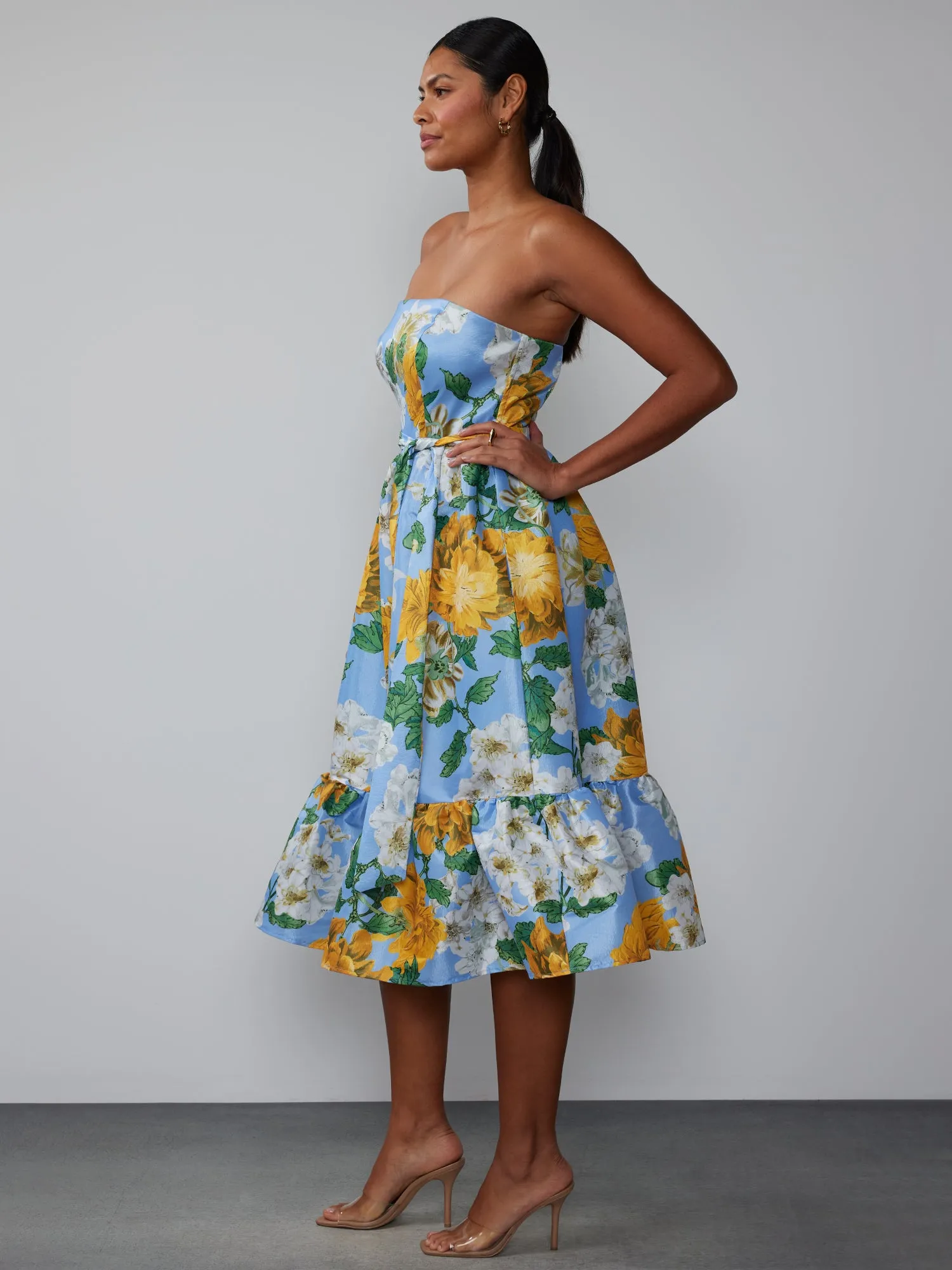 Strapless Tiered Floral Midi Dress