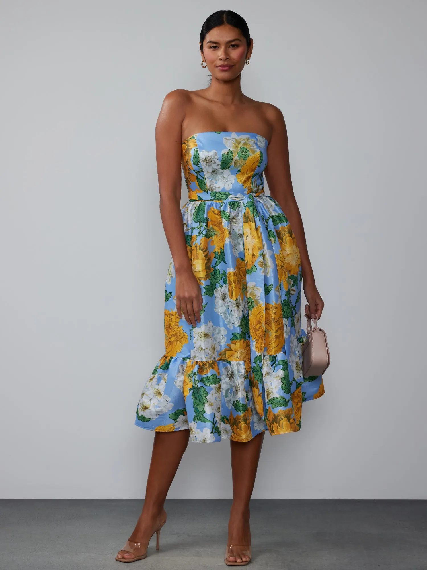 Strapless Tiered Floral Midi Dress