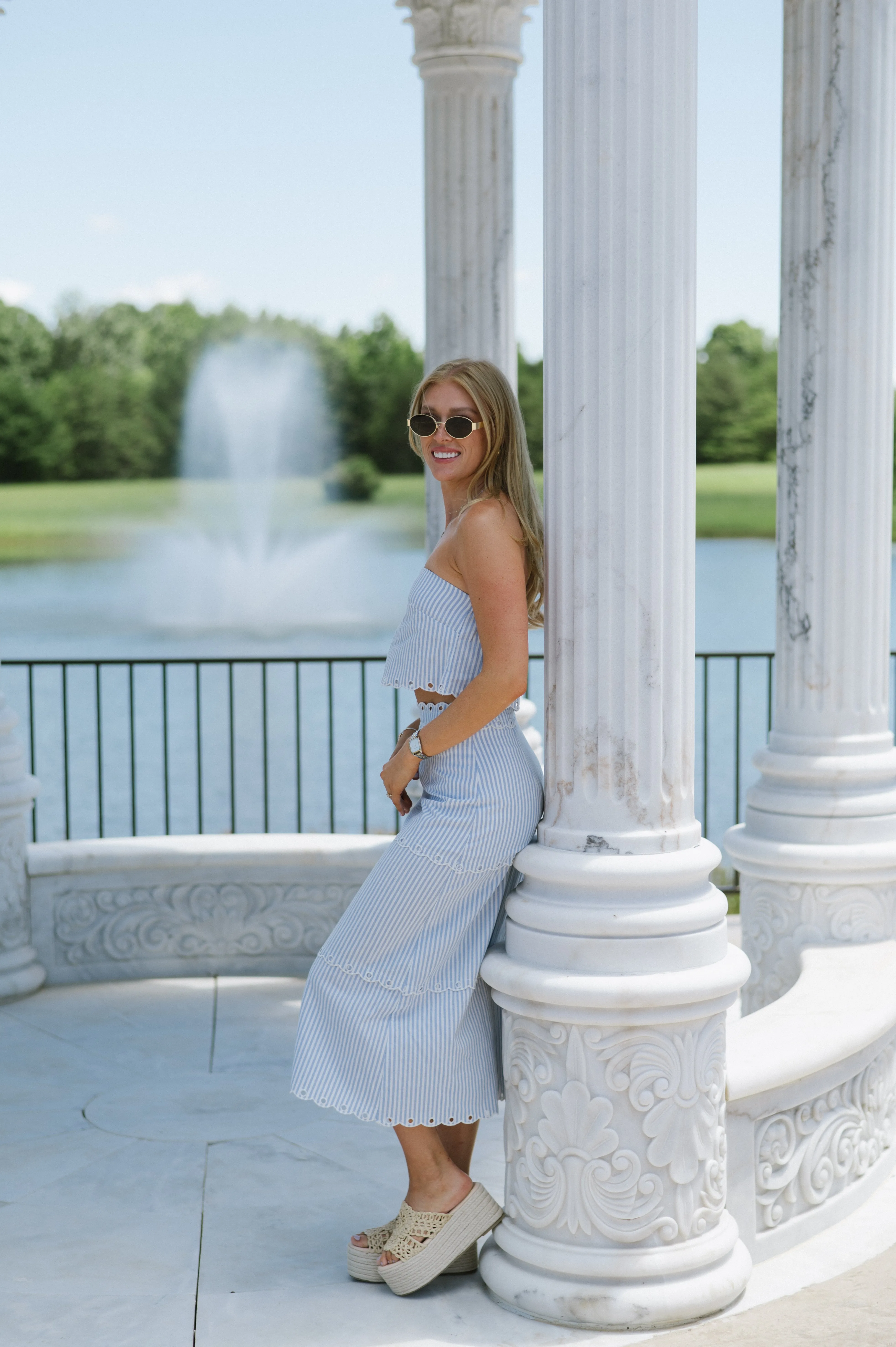 Striped Tube Top Skirt Set-Blue