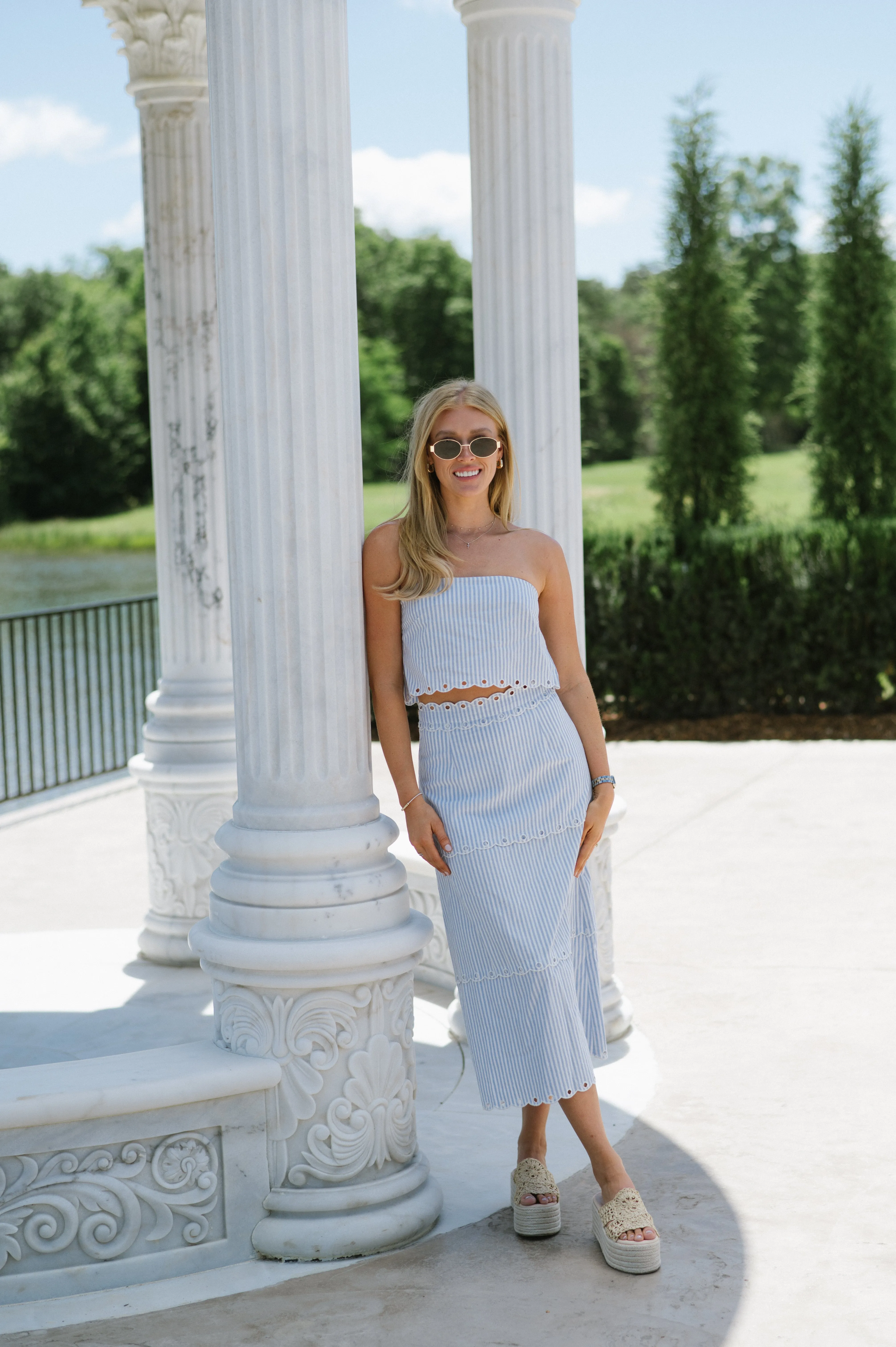 Striped Tube Top Skirt Set-Blue