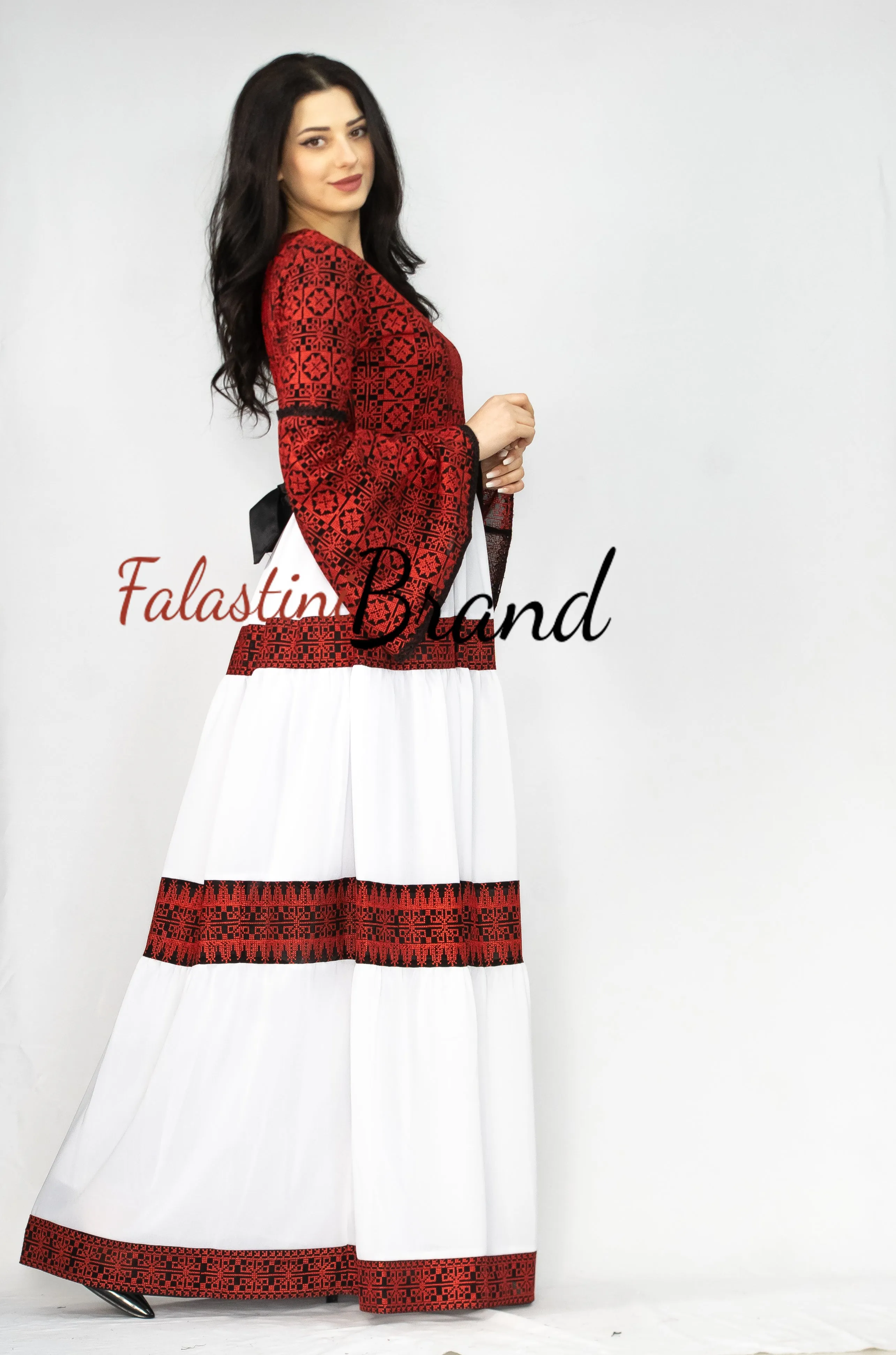 Stunning Off-White Cloche Long Dress Palestinian Embroidery