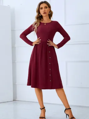 TastyHottie - red round neck skirt long sleeve pleated button dress