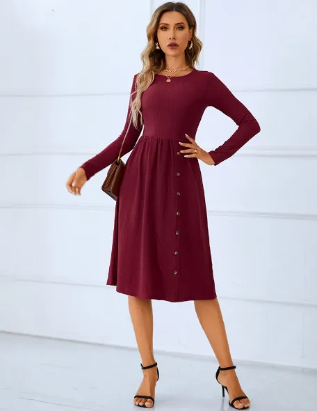 TastyHottie - red round neck skirt long sleeve pleated button dress