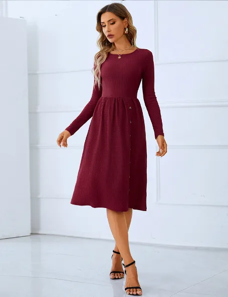 TastyHottie - red round neck skirt long sleeve pleated button dress