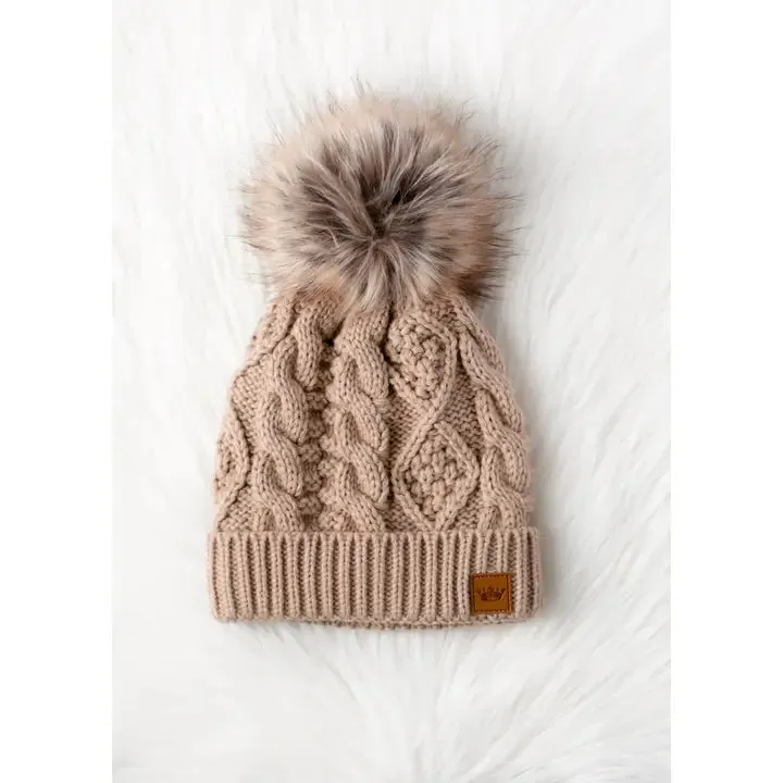 Taupe Cable Knit Pom Hat