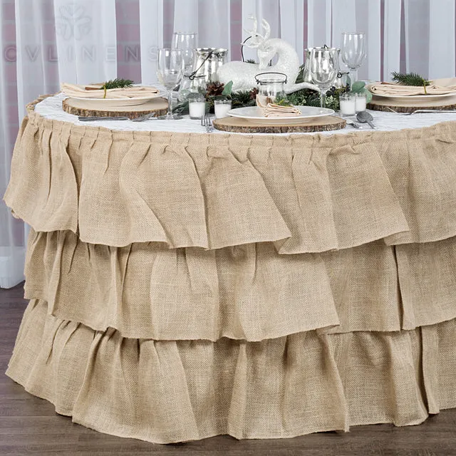 Three Tier Ruffled Burlap Table Skirt 14 ft - Natural