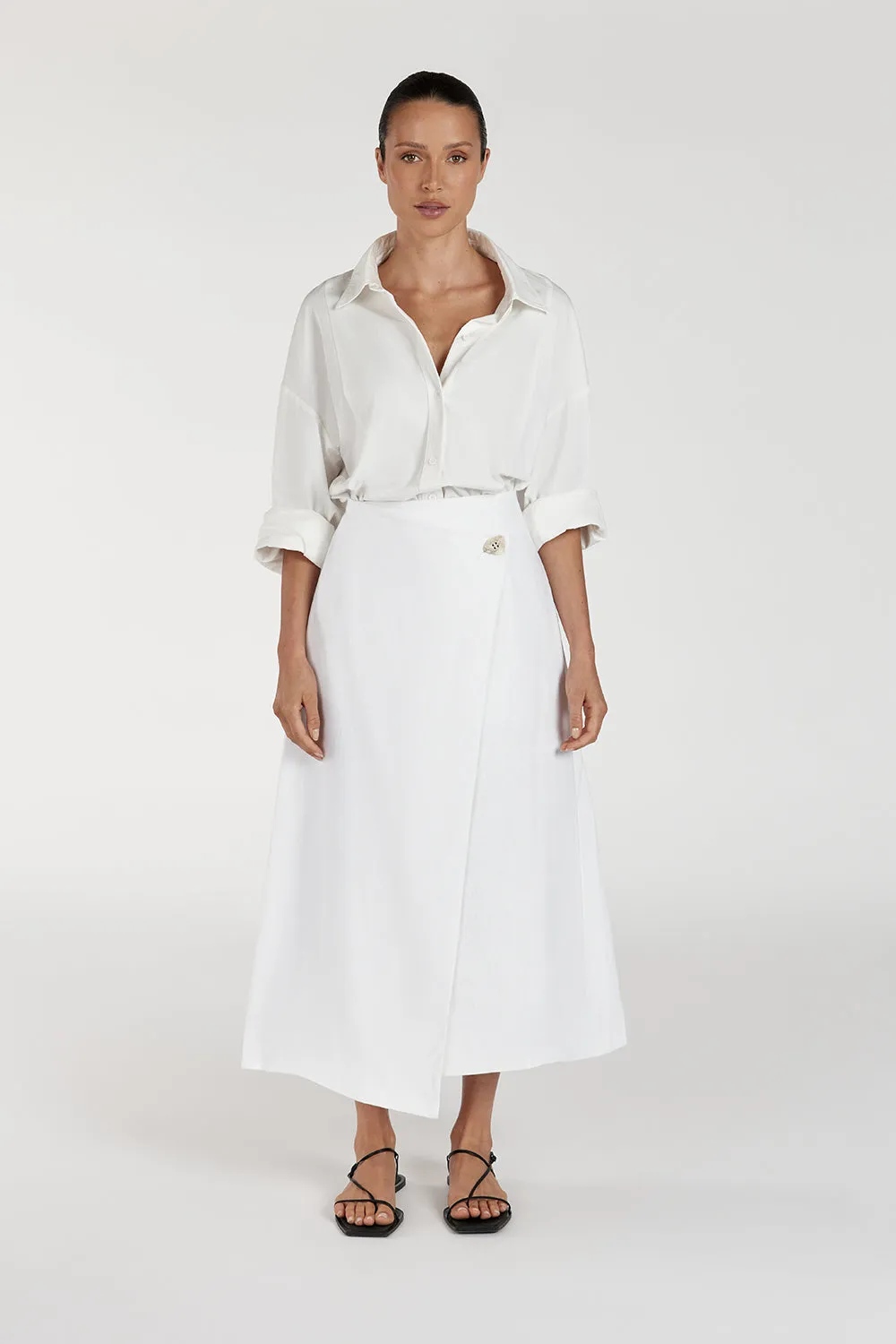 TOMMY WHITE LINEN MIDI SKIRT