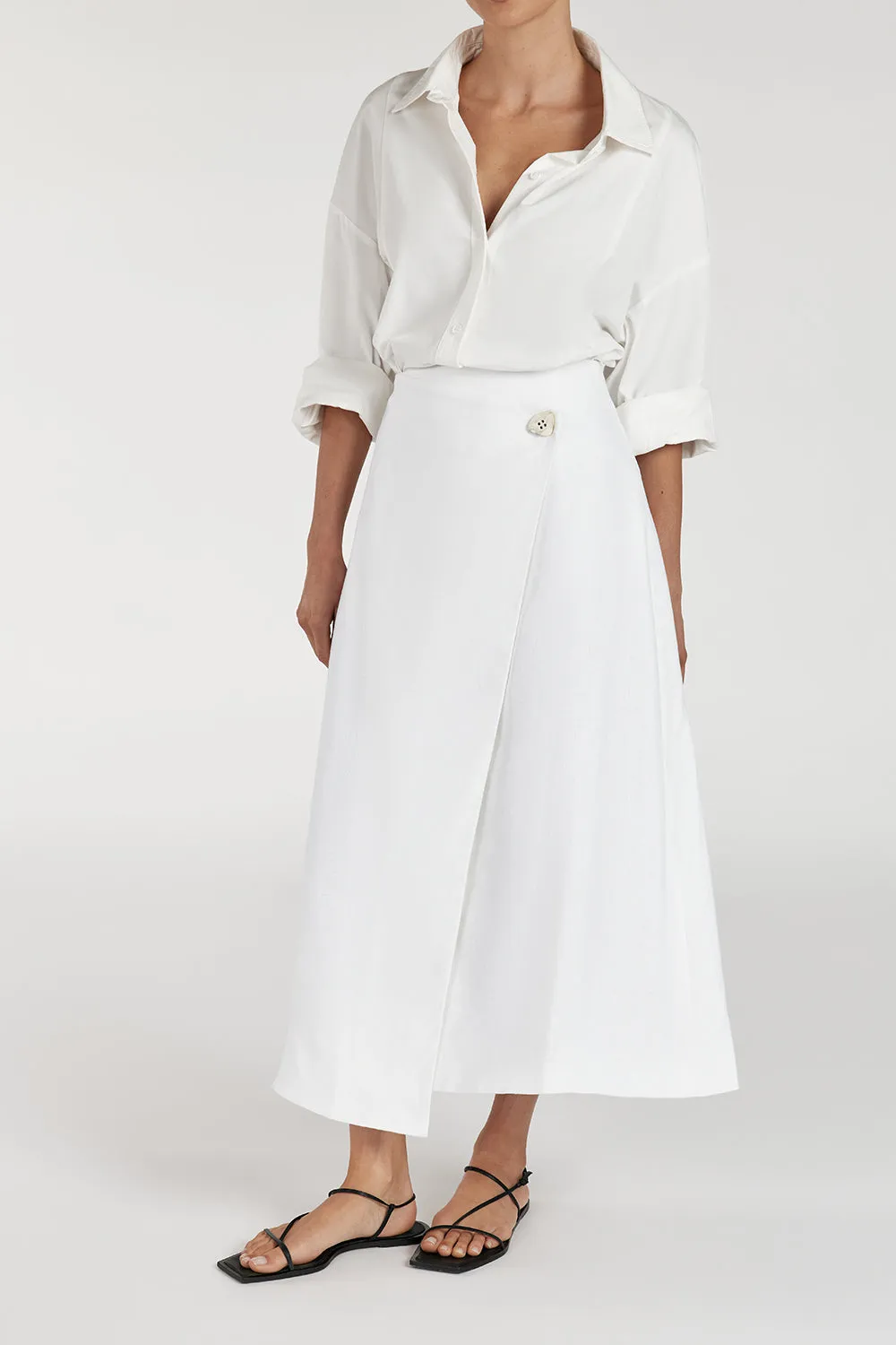 TOMMY WHITE LINEN MIDI SKIRT