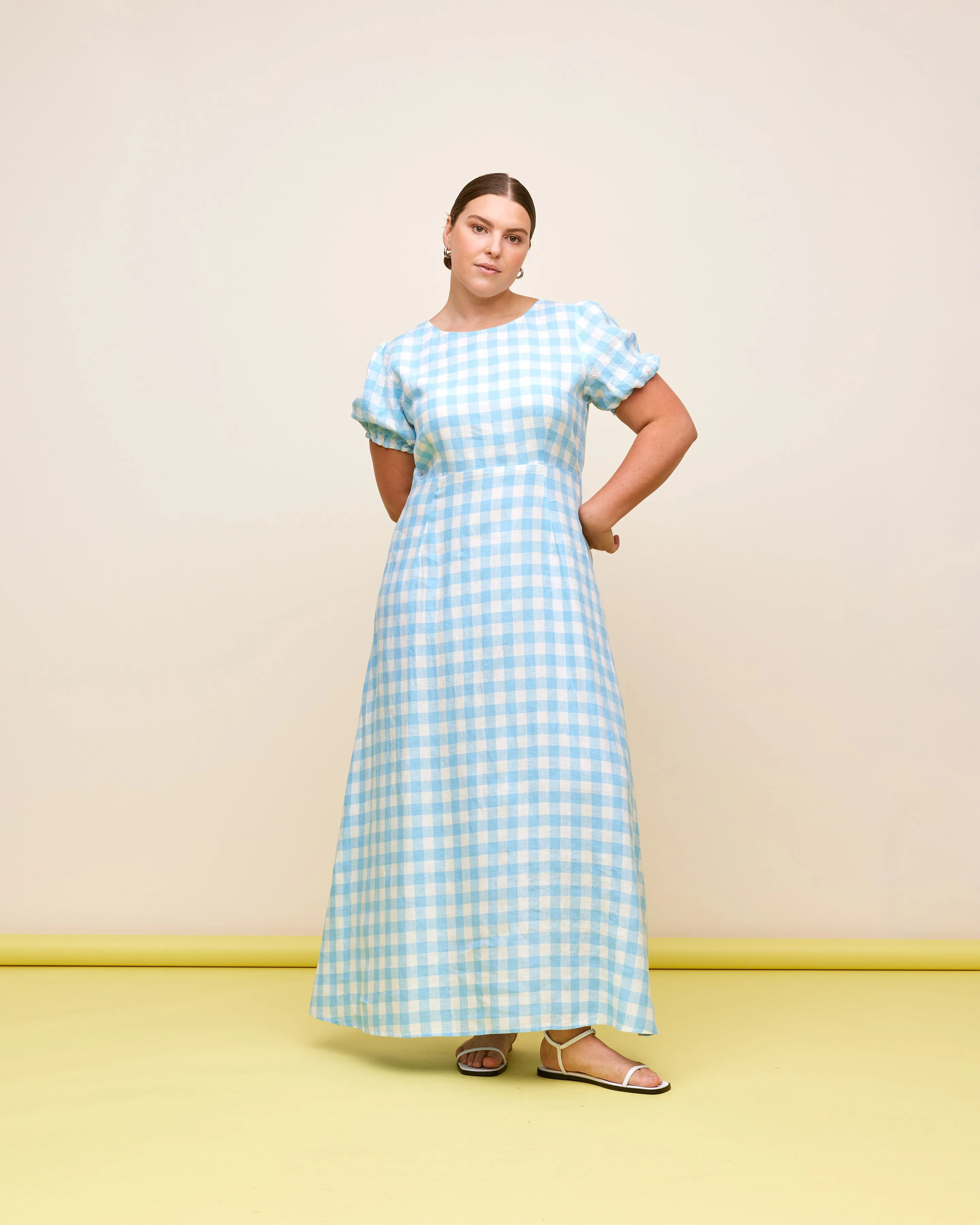 VIDA LINEN DRESS BLUE LINEN GINGHAM