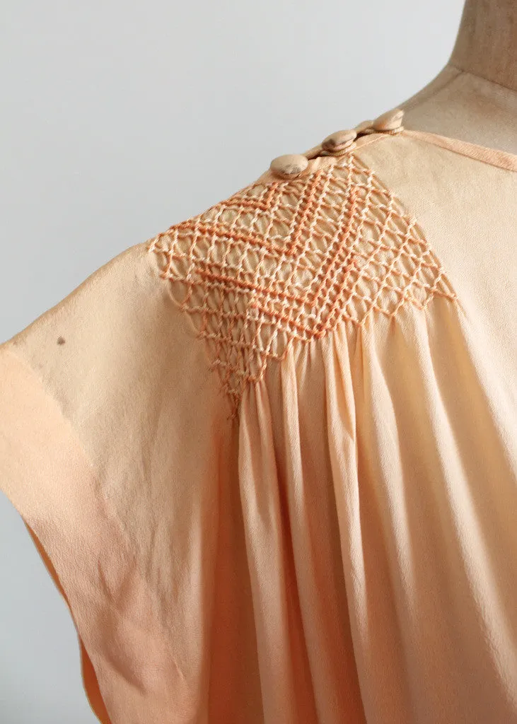 Vintage 1920s Peach Silk Smocked Tunic Dress