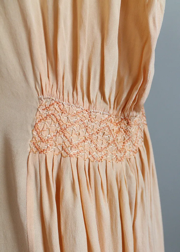 Vintage 1920s Peach Silk Smocked Tunic Dress