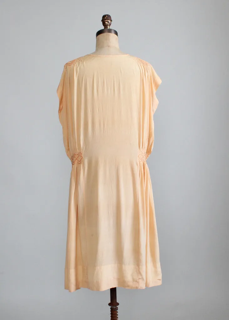 Vintage 1920s Peach Silk Smocked Tunic Dress