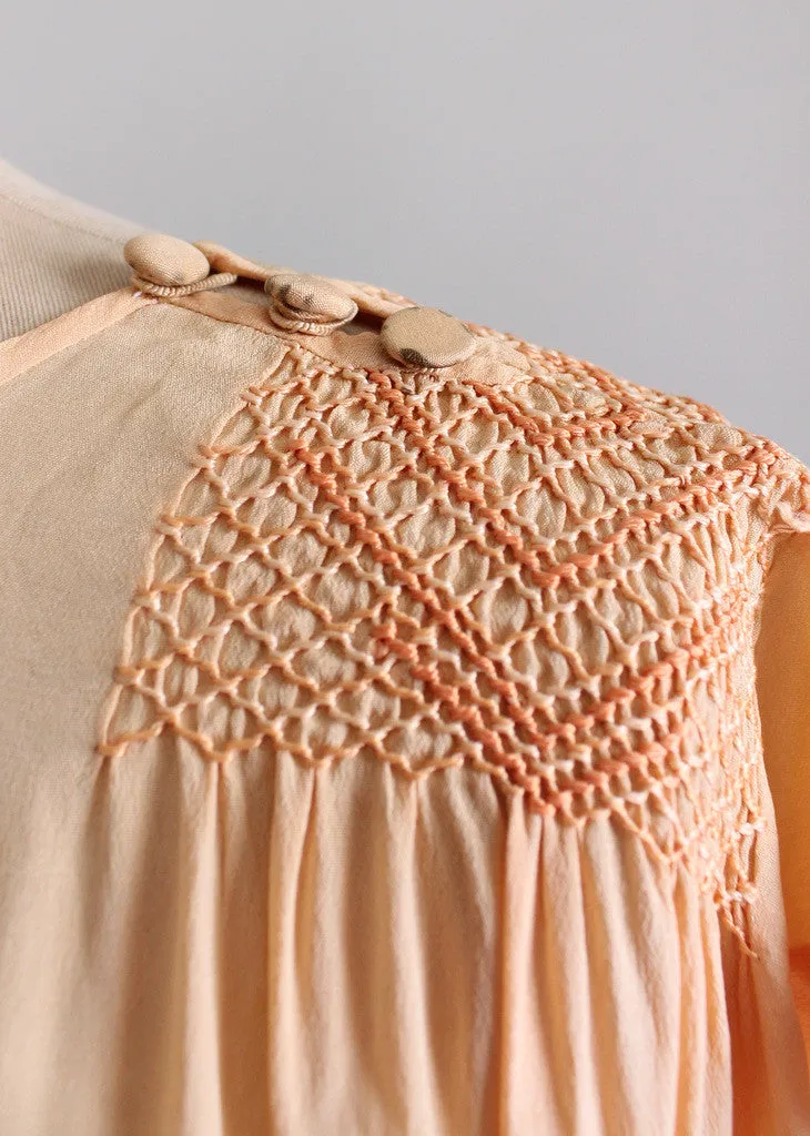 Vintage 1920s Peach Silk Smocked Tunic Dress