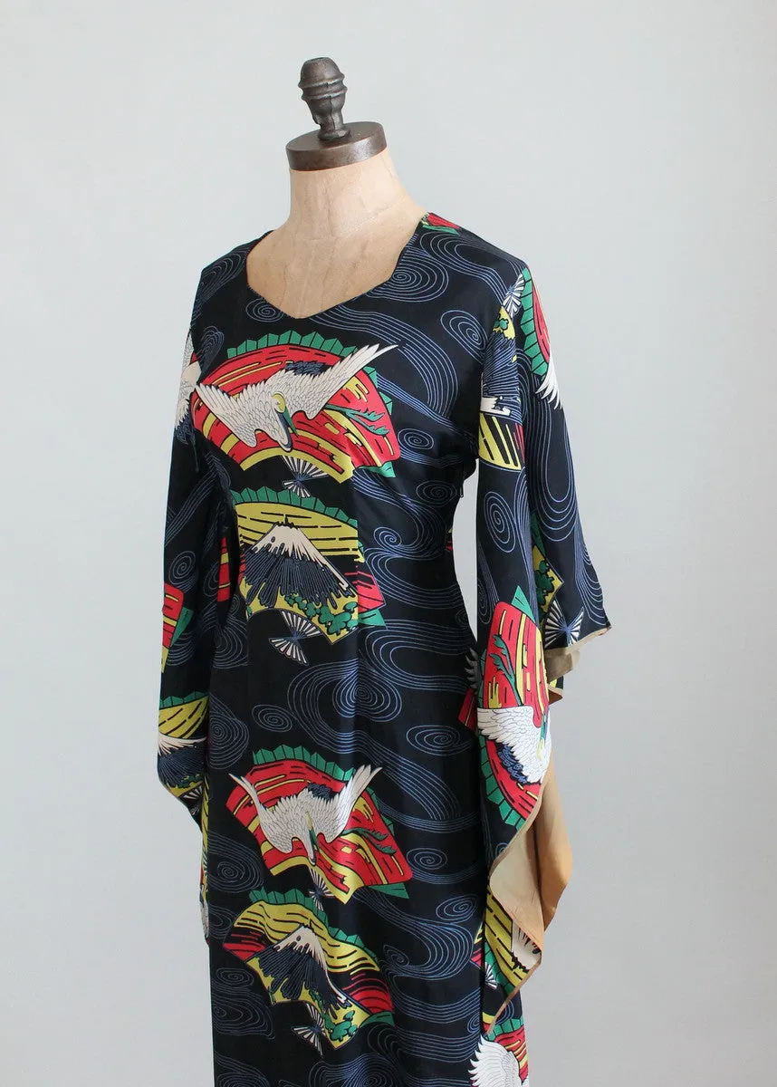 Vintage 1940s Tropicana Japanese Print Rayon Kimono Dress