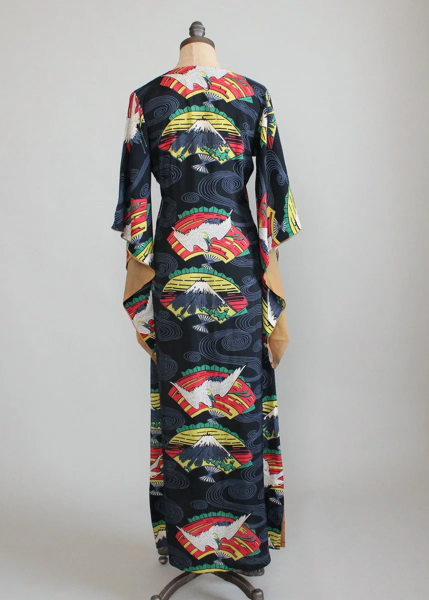 Vintage 1940s Tropicana Japanese Print Rayon Kimono Dress