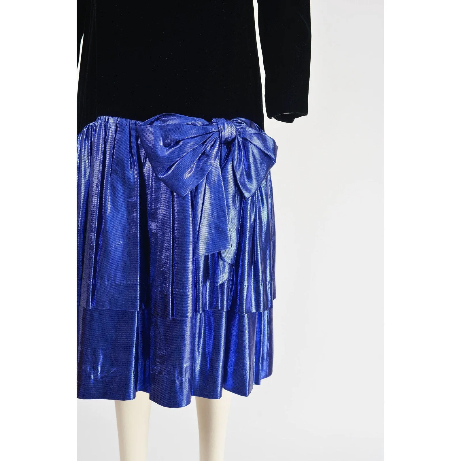 Vintage 80s Black Velvet and Metallic Blue Lame Ruffle Hem Dropped Waist Dress size S