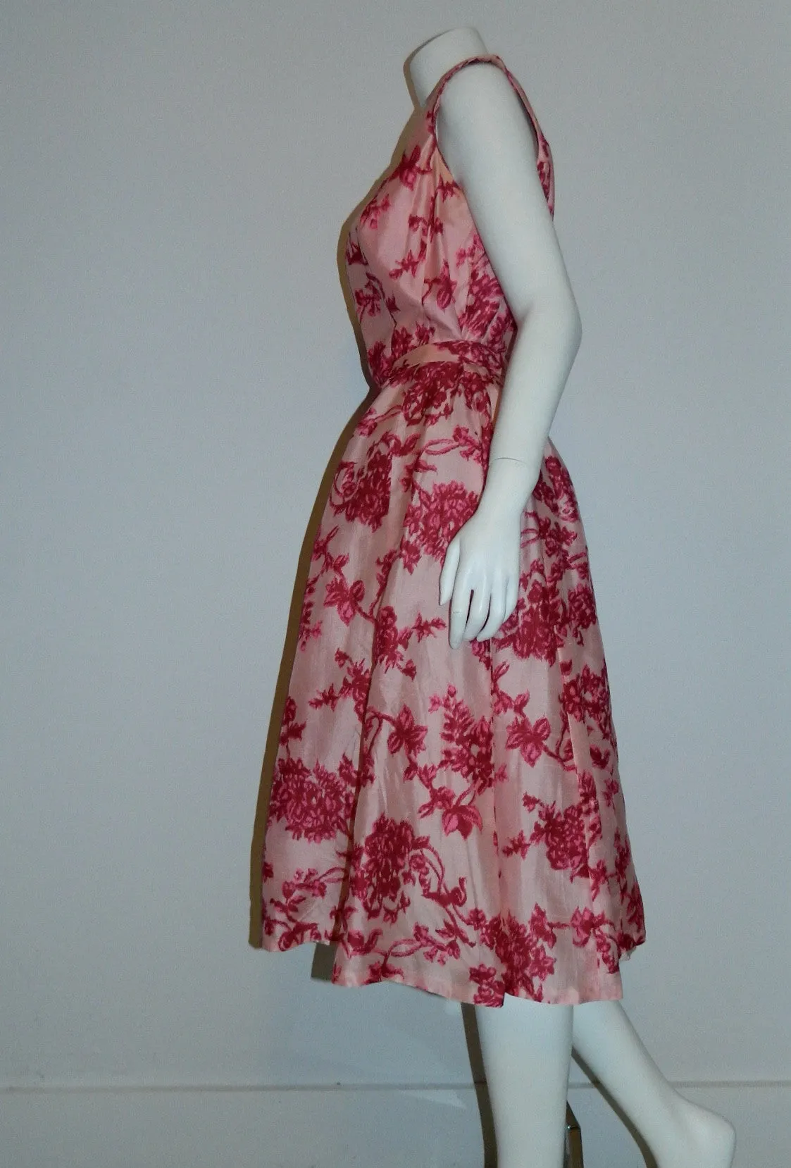 vintage GiGi Young dress / 1960s silk shantung / pink flowers full skirt M