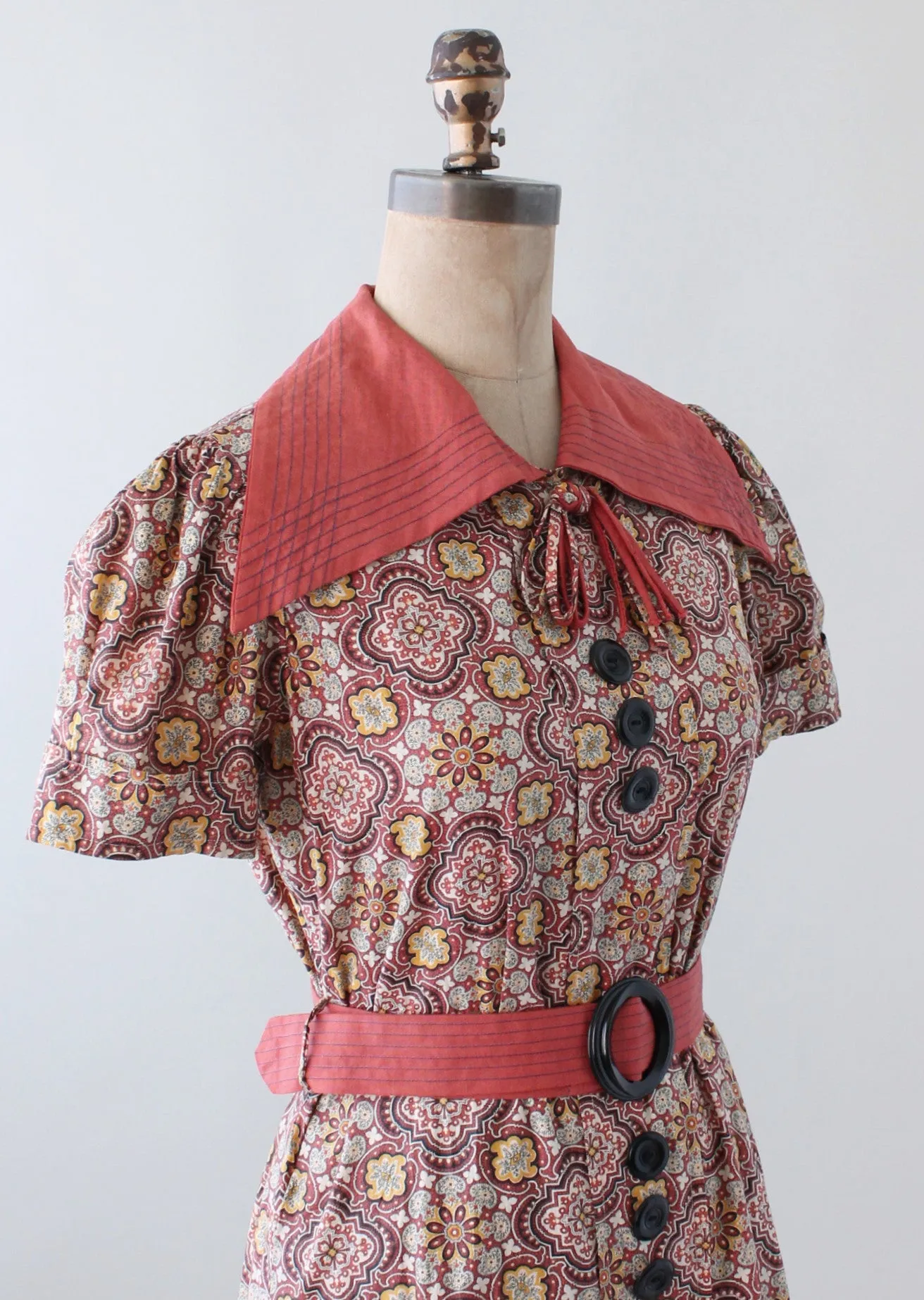 Vintage Mid 1930s Floral Cotton Day Dress with Peplum