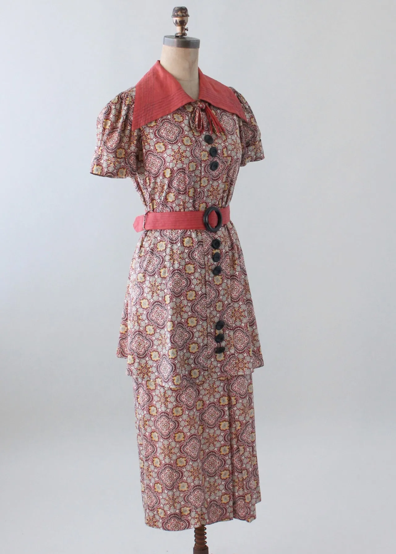 Vintage Mid 1930s Floral Cotton Day Dress with Peplum