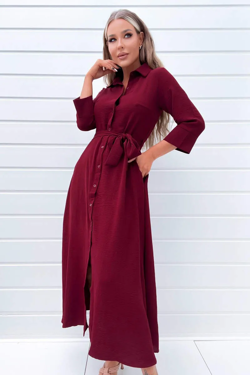 Wine Button Up Midi Shirt Dress