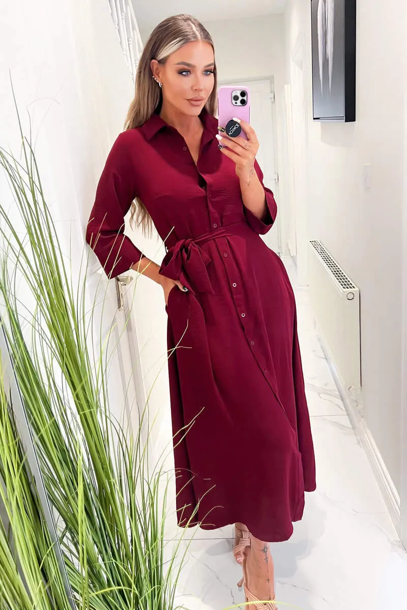 Wine Button Up Midi Shirt Dress