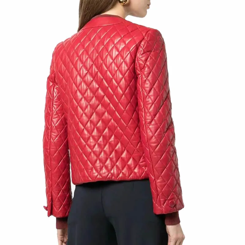 Women’s Collarless Quilted Red Leather Jacket