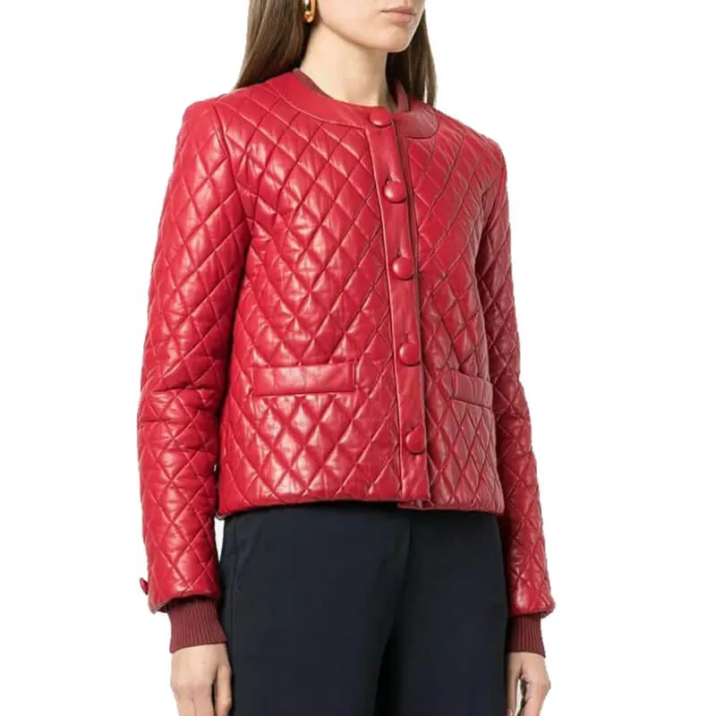 Women’s Collarless Quilted Red Leather Jacket