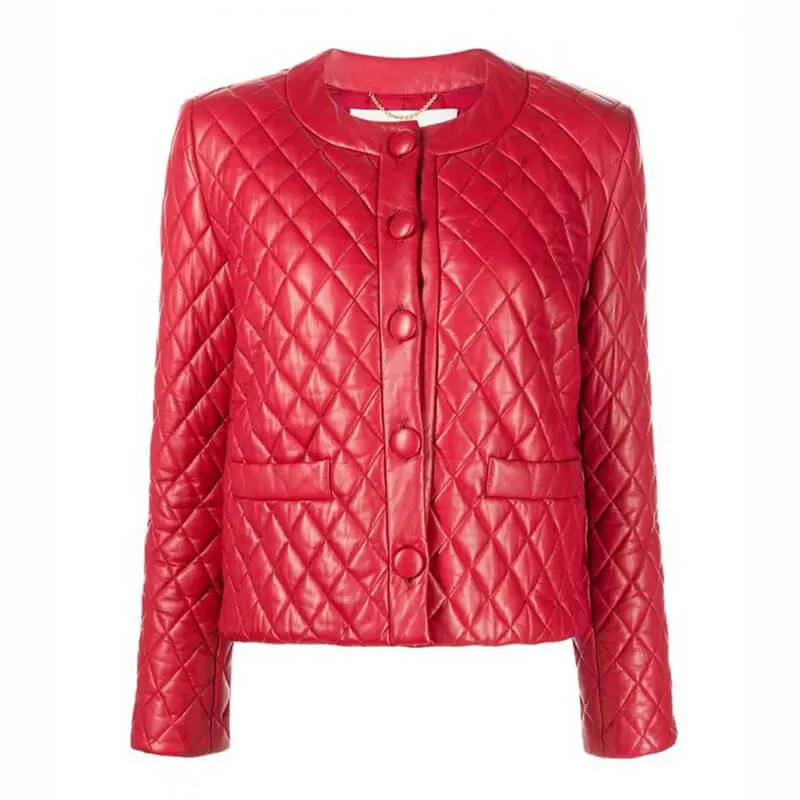 Women’s Collarless Quilted Red Leather Jacket