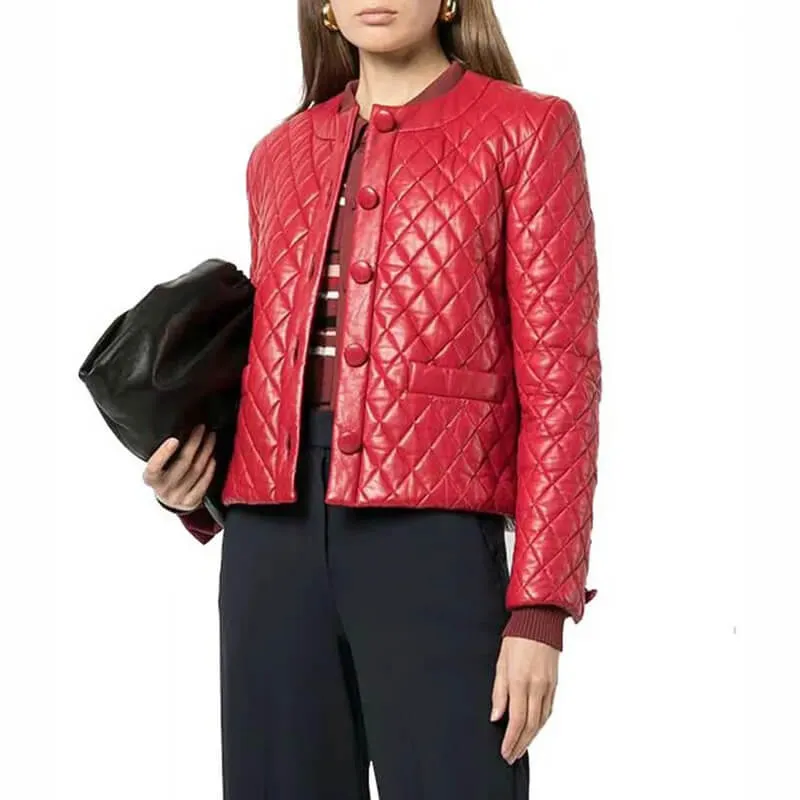 Women’s Collarless Quilted Red Leather Jacket