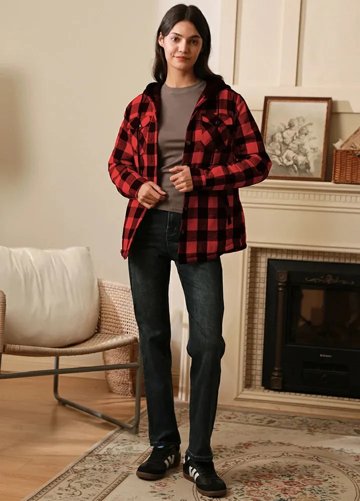 Women's Matching Family Buffalo Red Quilted Lined Flannel Hoodie