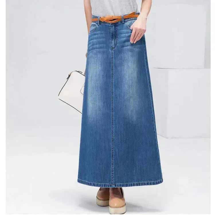 Women's Plus Size  Mid-length A- Line Denim Skirt Denim long skirt maxi jean skirt