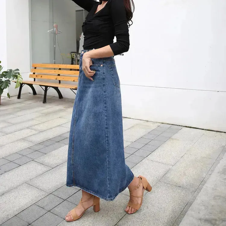 Women's Plus Size  Mid-length A- Line Denim Skirt Denim long skirt maxi jean skirt