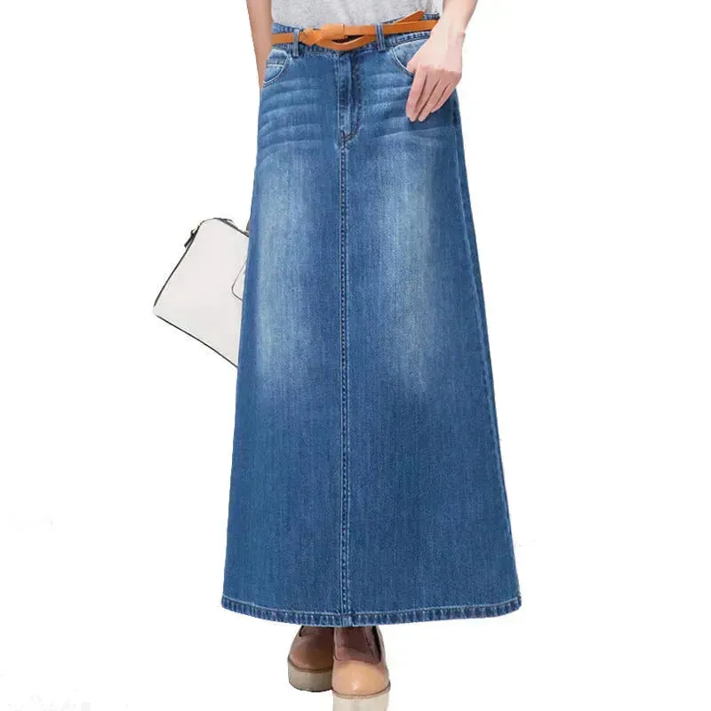 Women's Plus Size  Mid-length A- Line Denim Skirt Denim long skirt maxi jean skirt