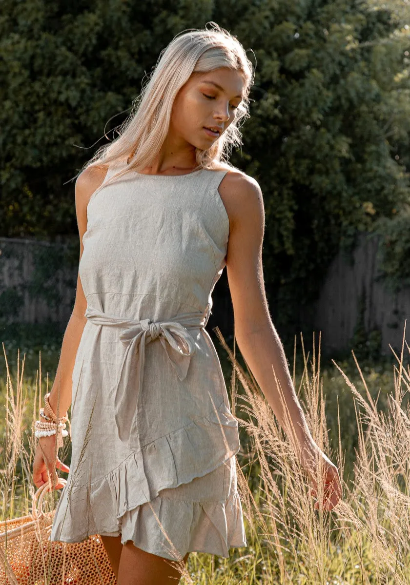 Women's Sleeveless Linen Dress with Belt | White, Italian Style Linen Dress, Item #8378